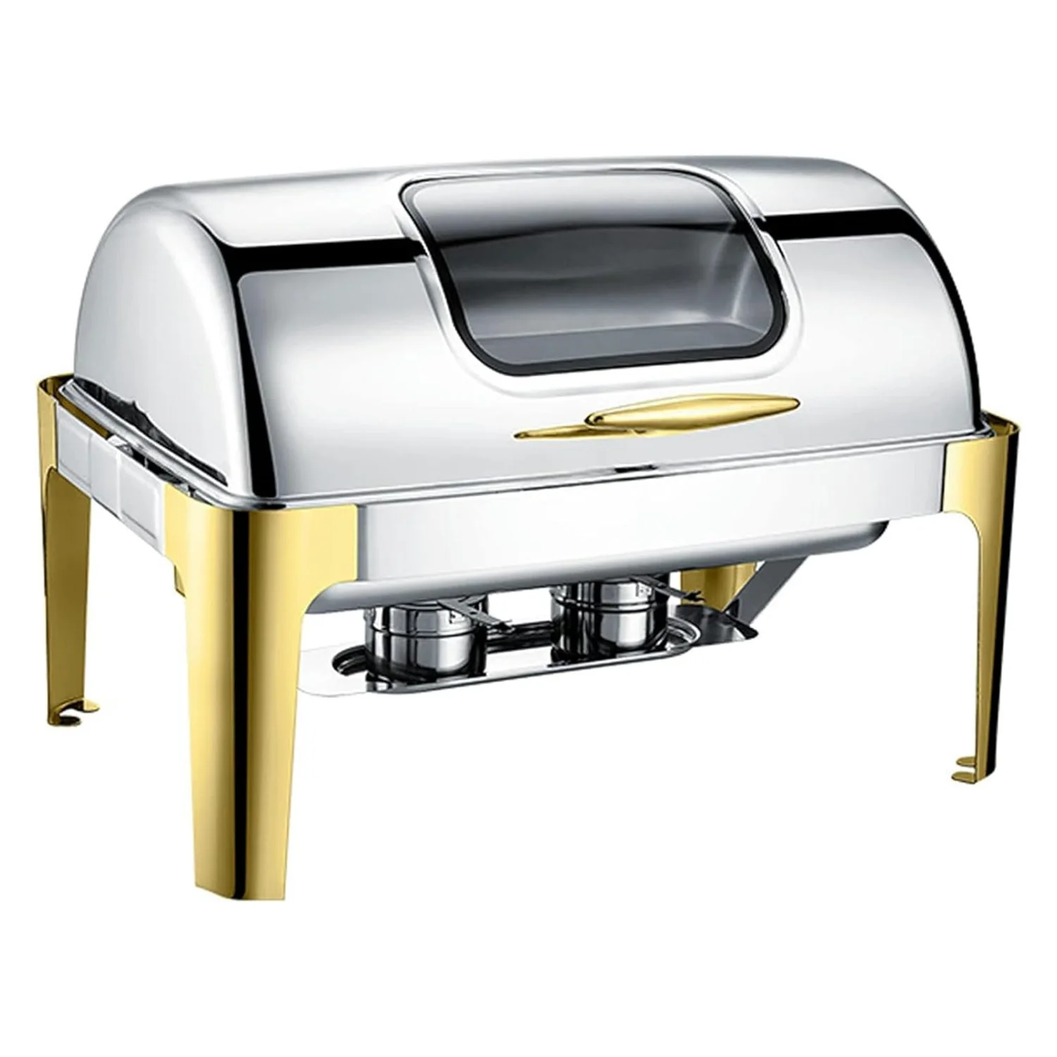 Half Gold Chafing Dishes, 9.5QT, High-footed Square Stainless Steel Chafing Dish with Transparent Hydraulic Lid, 1/2/3 food pan