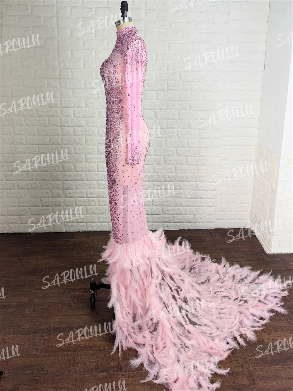 100% Real Image Luxury Mermaid Prom Dress With Rhinestones And Feathers Evening Gown Long Sleeve Party Vestidos De Gala