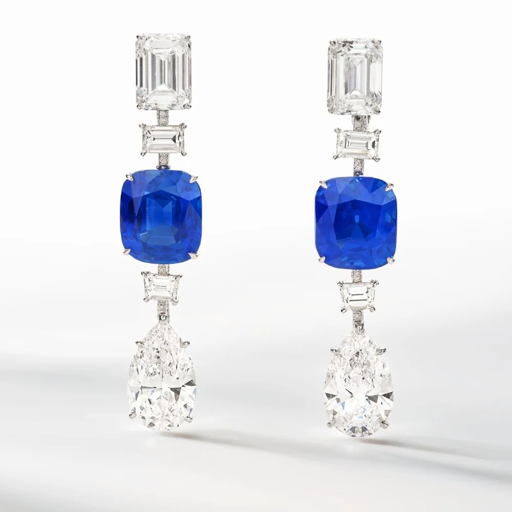 

New S925 silver fat square 7 * 7 cornflower color blue pointed crystal/sapphire agile long 2ct earrings wedding jewelry
