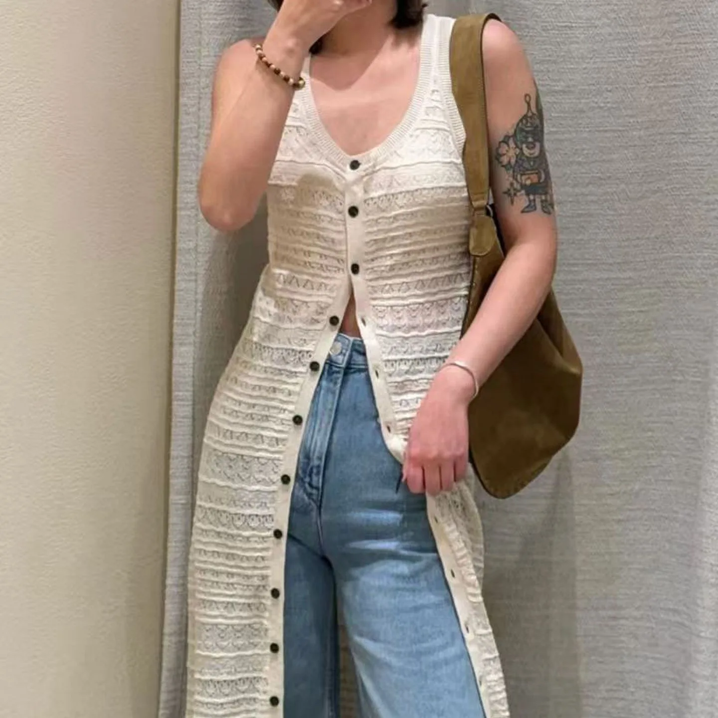 

Firmranch French 25 Spring/Summer Women's Vintage Sleeveless Single-breasted Slit Long Knit Sundress Open-Front Cardigan Top