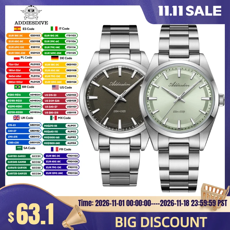 ADDIESDIVE 36mm AD2066 Luxury Men Watch VH31 Reloj Hombre BGW9 Super Luminous 316L Stainless Steel 10Bar Waterproof Quartz Watch