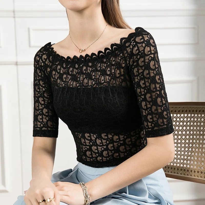 تي شيرت دانتيل بخمسة أكمام برقبة واحدة ، مريح ، نحيف ، بدون حمالات ، متوسط ، مثير ، صيفي ، صديق للجلد