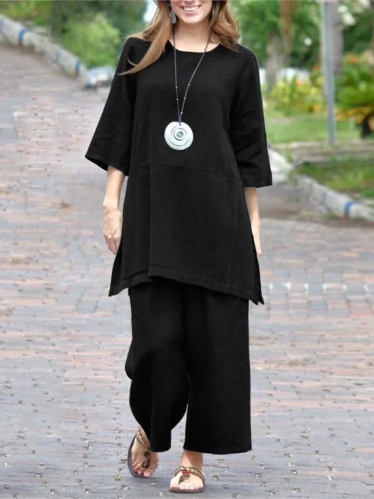 المرأة الصلبة الرجعية السراويل مجموعة القطن الكتان عارضة طويلة الأكمام فضفاضة مجموعة جديدة الصيف أزياء أنيقة مكتب عطلة مجموعات وتتسابق