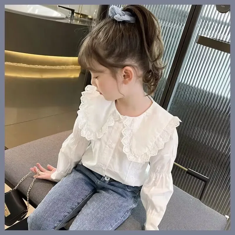 

New Girl's Doll Neck Long sleeved White Shirt Spring and Autumn Baby Bottom Shirt Fashionable Children's Cotton Shirt 2-12Y