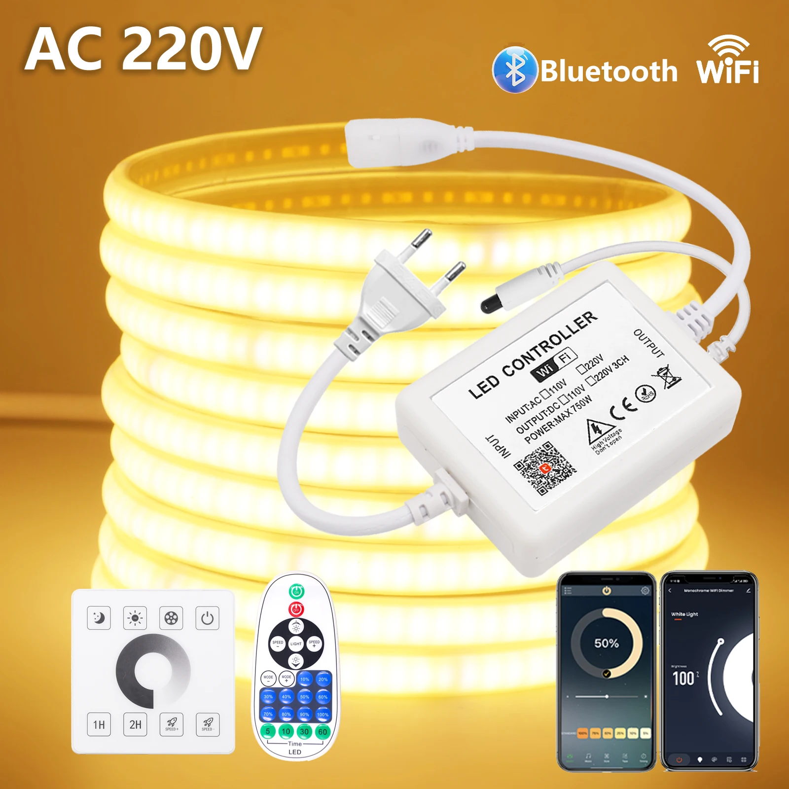 COB LED Strip 220V Adhesive 240LEDs/m Wifi Bluetooth Wall Touch Remote Control Waterproof LED Tape Ribbon 0.5m 5m 10m 15m 20m