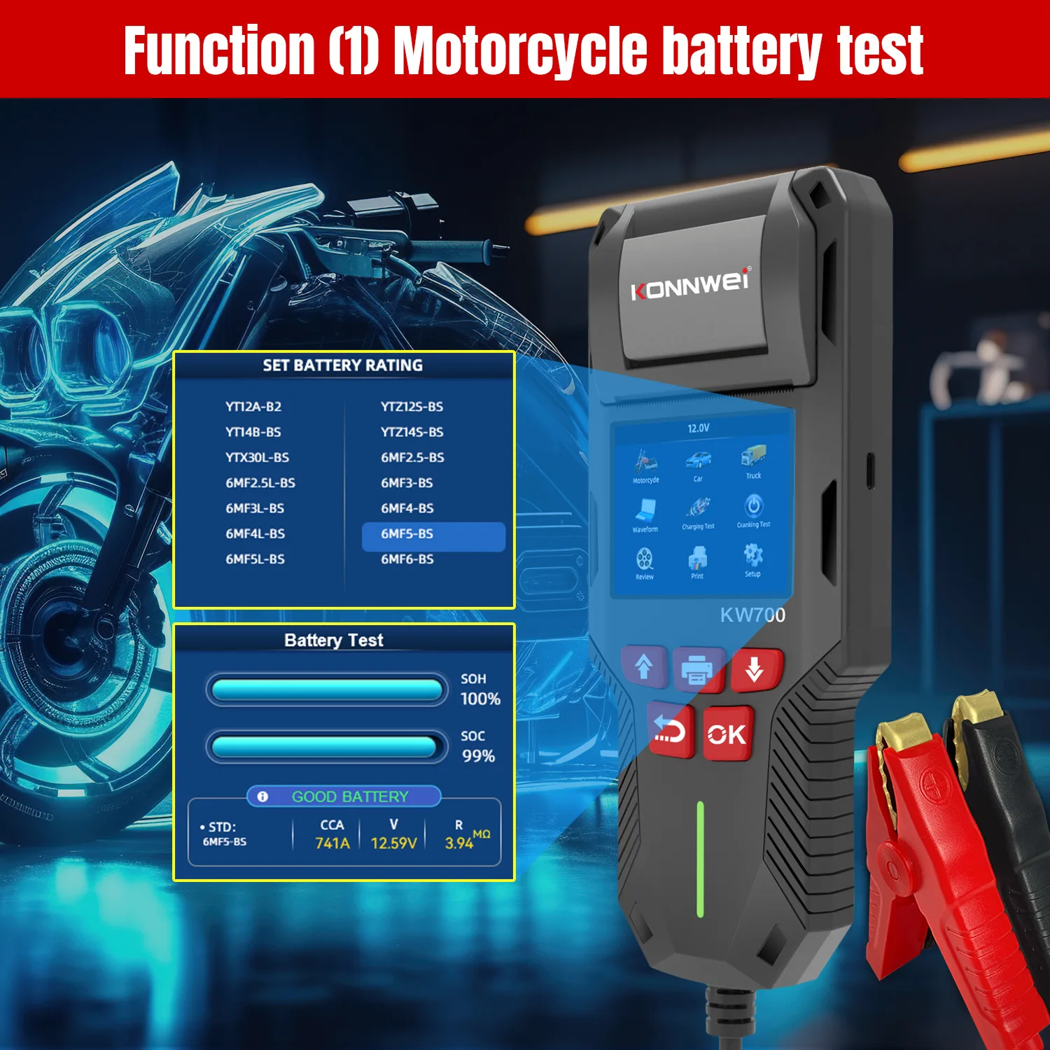KW700 Car Battery Tester 12V 24V Auto Battery Internal Resistance Analyzer Support QR Code Scanning & Data Printing Vehicle