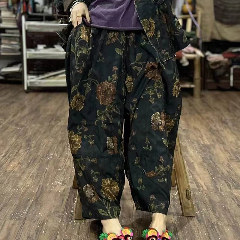 2026 New Autumn Women Double-layer Cotton Ankle-length Pants Casual Loose Elastic Waist Vintage Floral Print Harem Pants H188