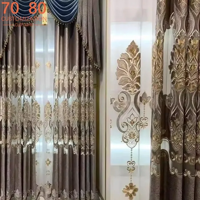 

New luxury grey blue embroidered curtains tulles for living room bedroom french window balcony customized finished valance villa