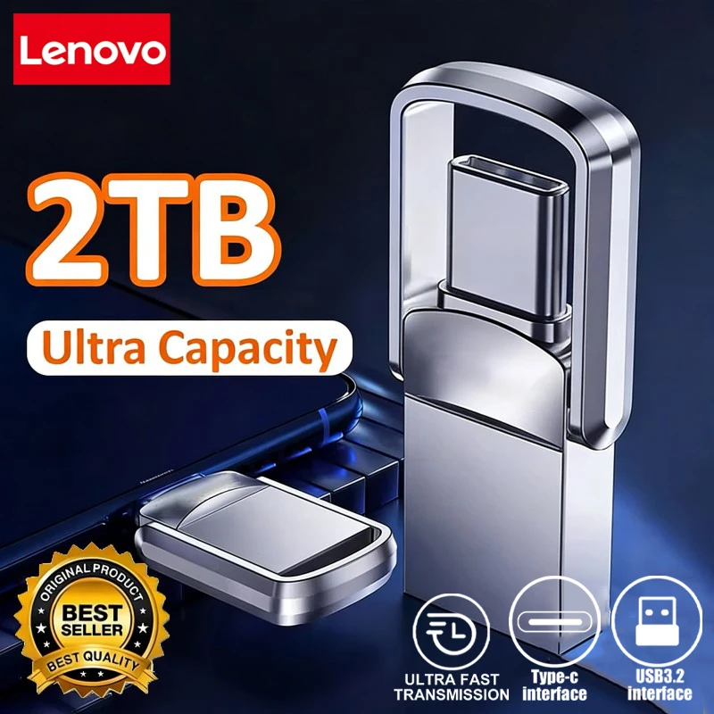 Флеш-накопитель Lenovo Metal U Disk 2 ТБ с интерфейсом USB3.2 Type-C для передачи данных между мобильным телефоном и компьютером, большая емкость.