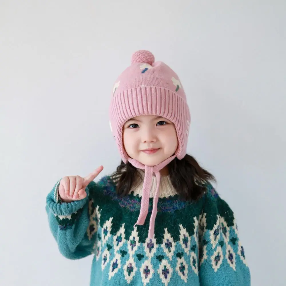 الصوف بطانة الشتاء الطفل قبعة كروشيه يندبروف لينة طفل محبوك قبعة تنفس الدانتيل متابعة سدادات حماية الأذن قبعة الطفل أغطية الرأس #4