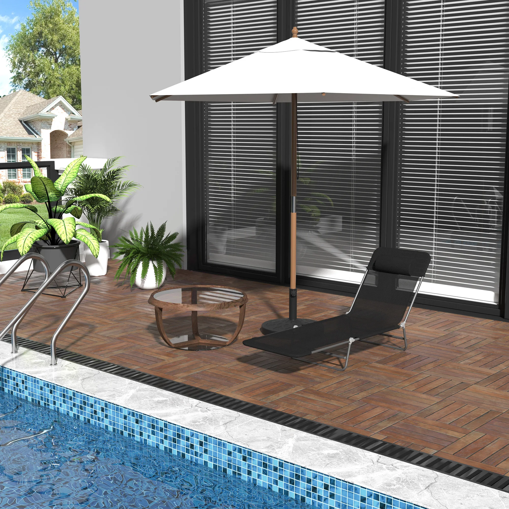 Outdoor Folding Sun Lounge Chair with Reclining Backrest & Head Rest, Black