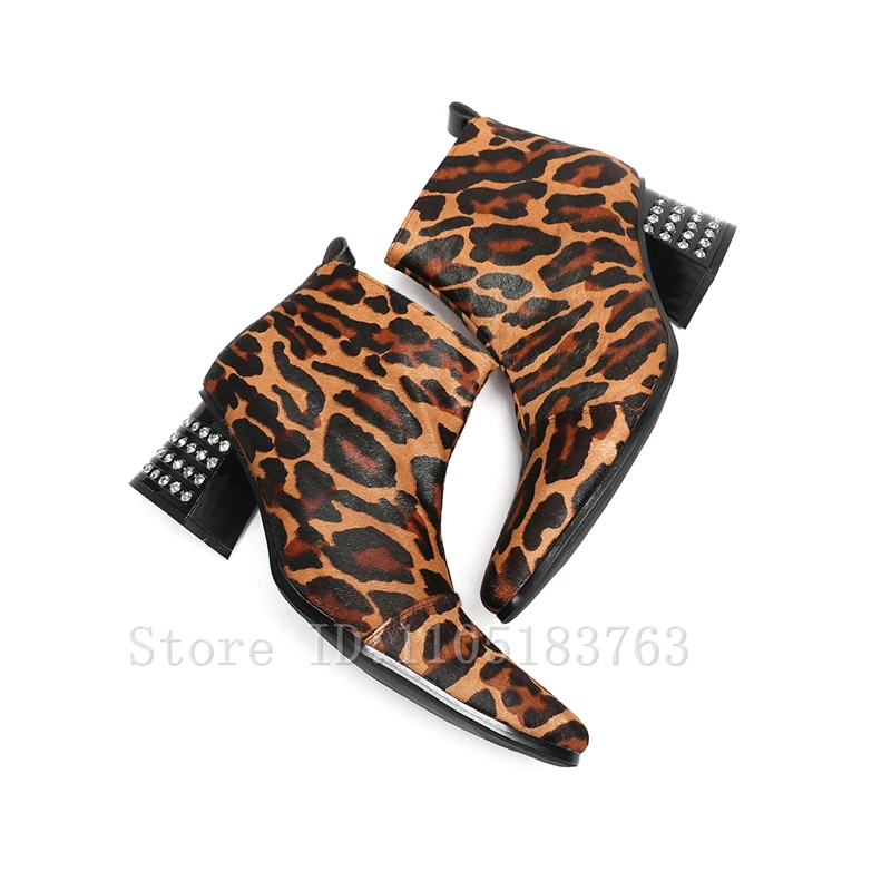 Men Leopard Print Suede Leather Ankle Boots Thick Heel Embellished with Shiny Rhinestones Retro Punk Style Dress Boots for Party