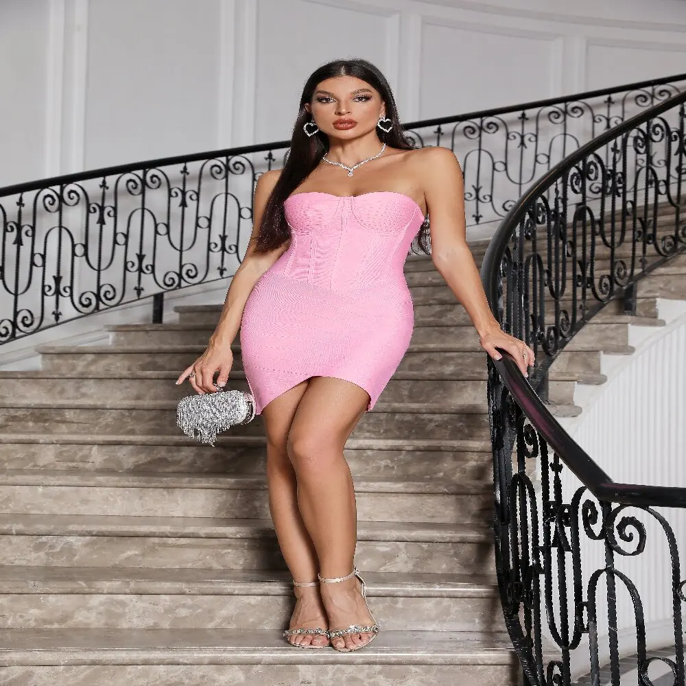 Falda corta asimétrica rosa con tiras de presión Sexy sin espalda, Top de tubo sin mangas elegante vestido de vendaje ropa de fiesta de celebridades