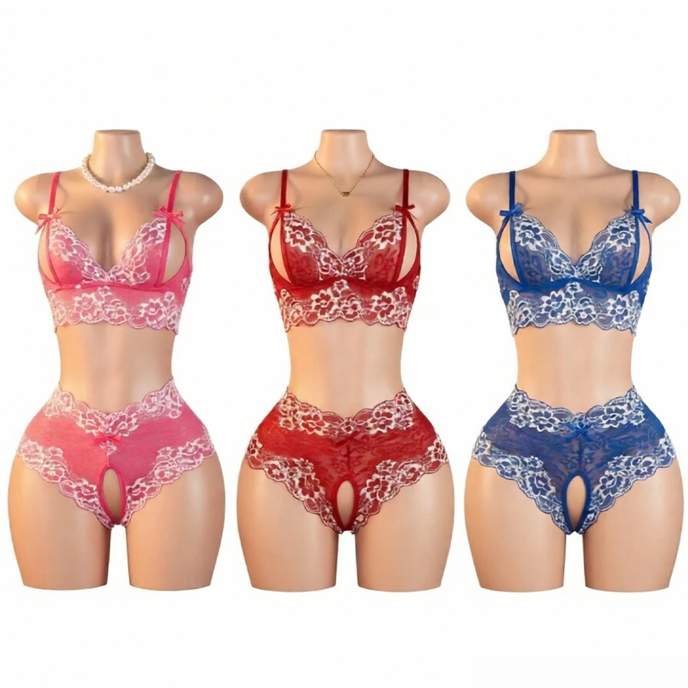 

Women's Sexy Lingerie Sets Deep V-Neck Strapless Openwork Sheer Open-Crotch Lace Floral Bra Suit Erotic Clothing Adult Nightgown
