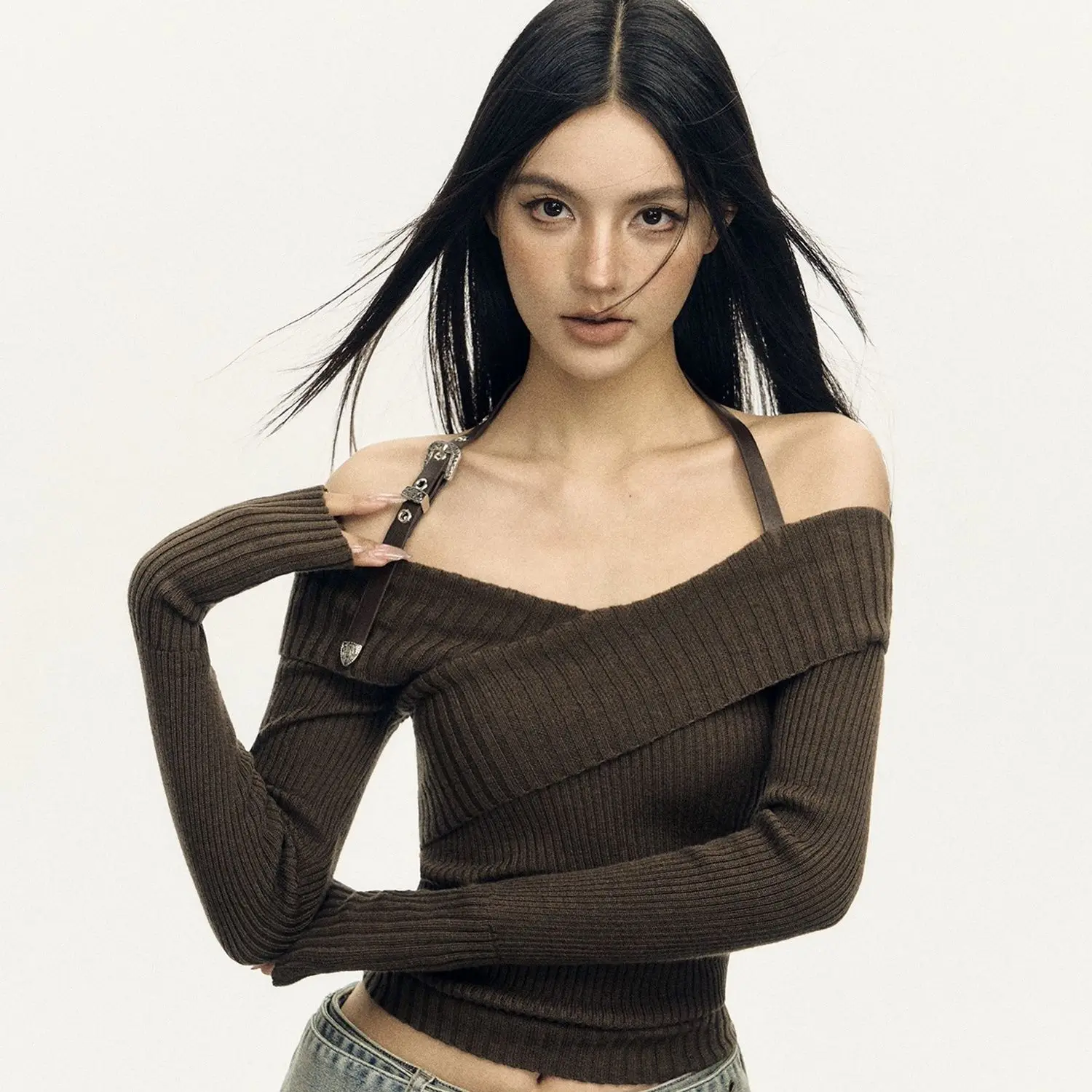 Women's Belt Hanging Neck Knitted Sweater Retro Y2k Autumn Winter Sexy Slim Fit Design Tops Korean One-Shoulder Crop Pullovers