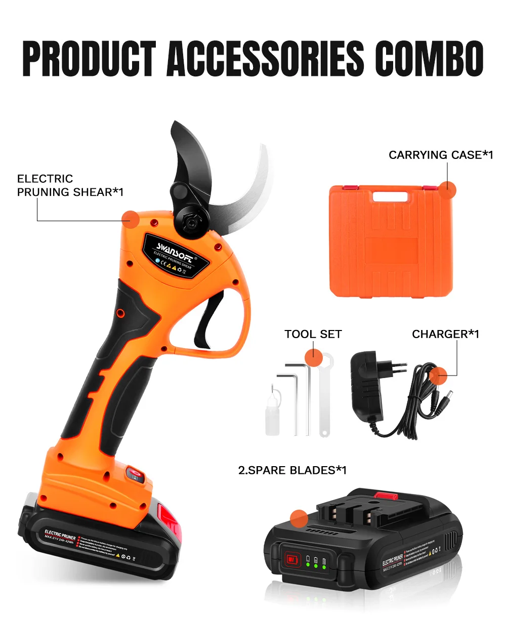 Electric Pruning Shears 40mm, 1150W 2Ah, 2 Gears, Powerful Battery Pruning Secateurs, Garden Tools for Orchard/Vine/Landscaping