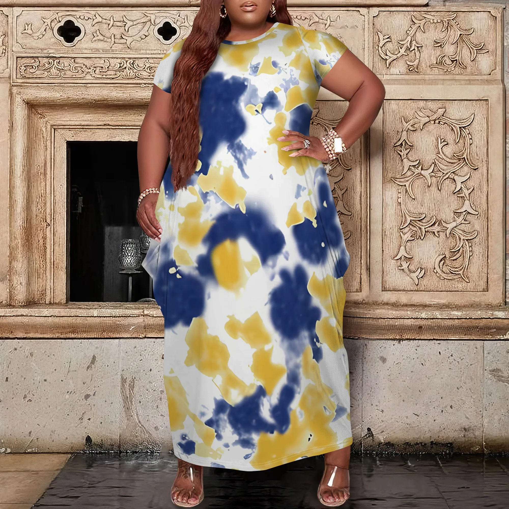 

Nupusa Blue Yellow Tie Dye Print Dress for Women Plus Size Summer Casual Round Neck Short Sleeve Maxi Dress