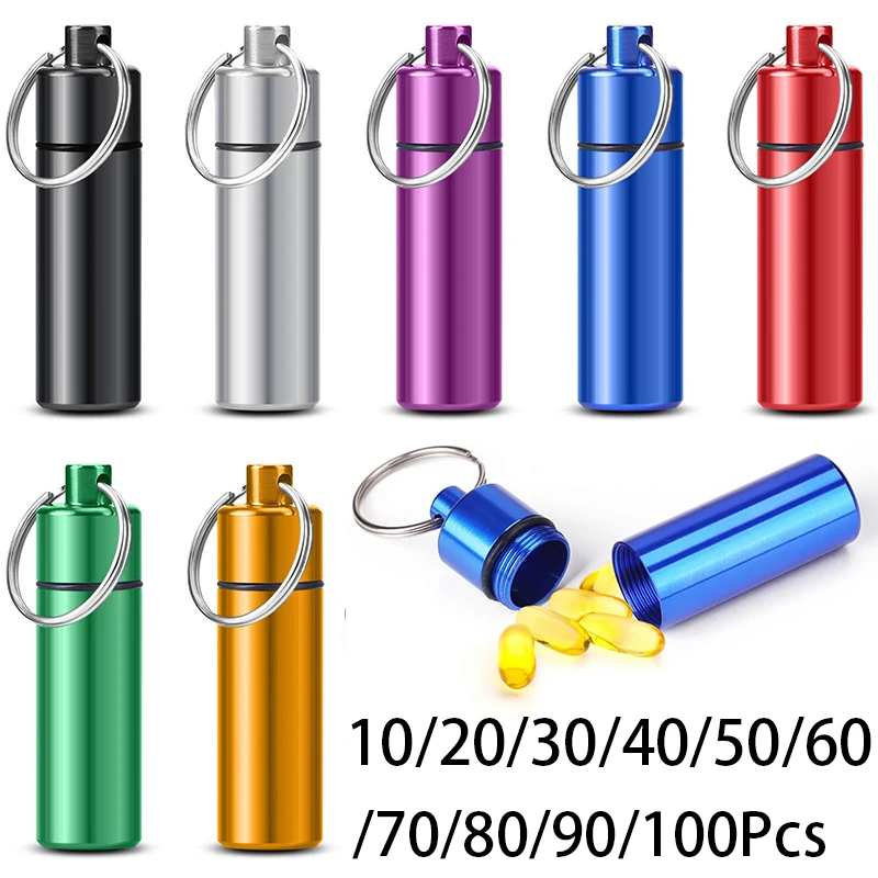 10-100Pcs Mini Container Keychain Waterproof Aluminum Medicine Pill Box Case Bottle Holder