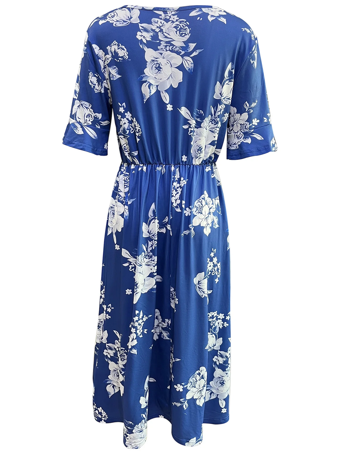 Damen-Midikleid mit blauem Blumendruck, lässig, kurzärmelig, Rundhalsausschnitt, elastische Taille, A-Linien-Kleid, Frühling und Sommer – Detail 4