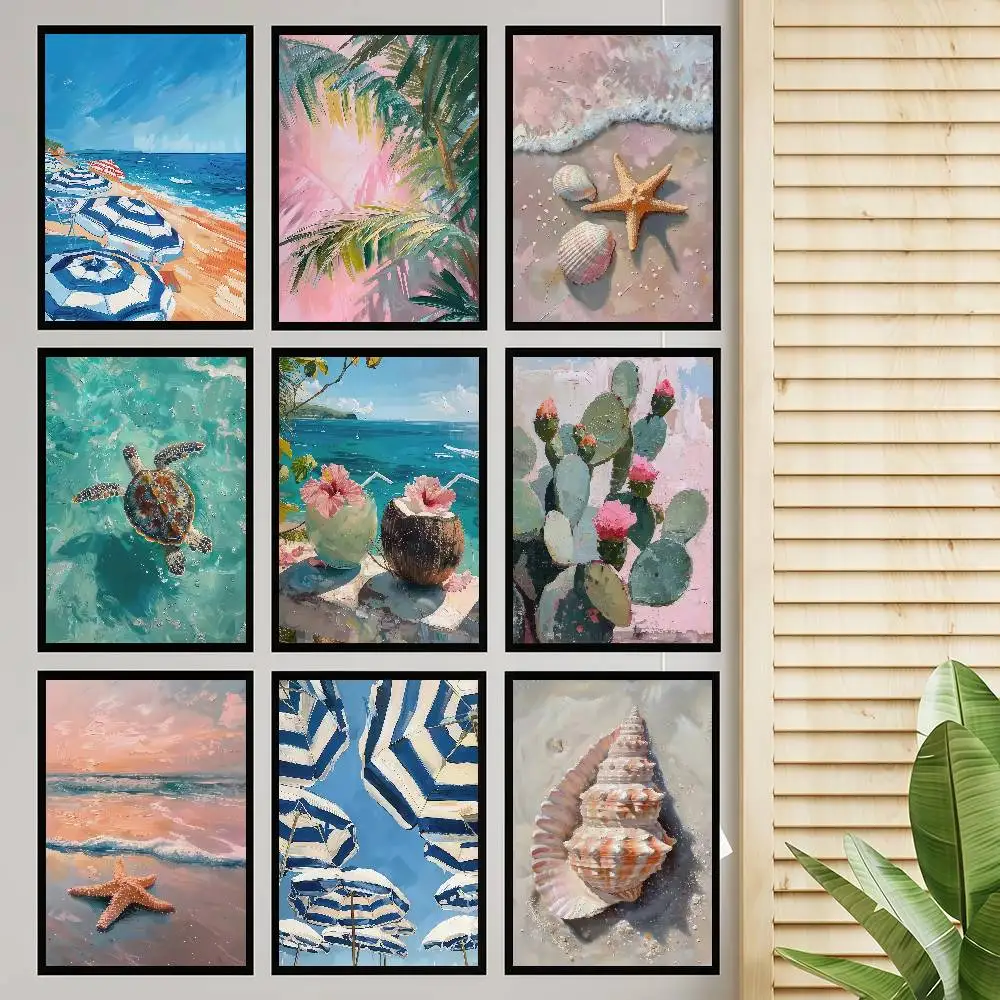 Strand Summe Kaktus Schildkröte Muscheln Gute Qualität Drucke Poster Wasserdichte Papier Aufkleber Kaffee Haus Bar Poster Wand Aufkleber