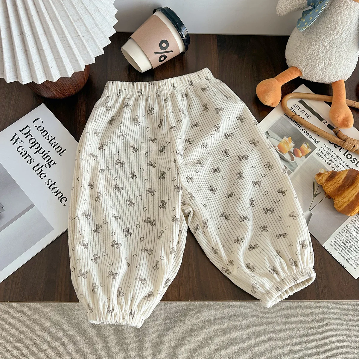 Bowknot Print Girls Pants  Corduroy Trousers For Children Autumn