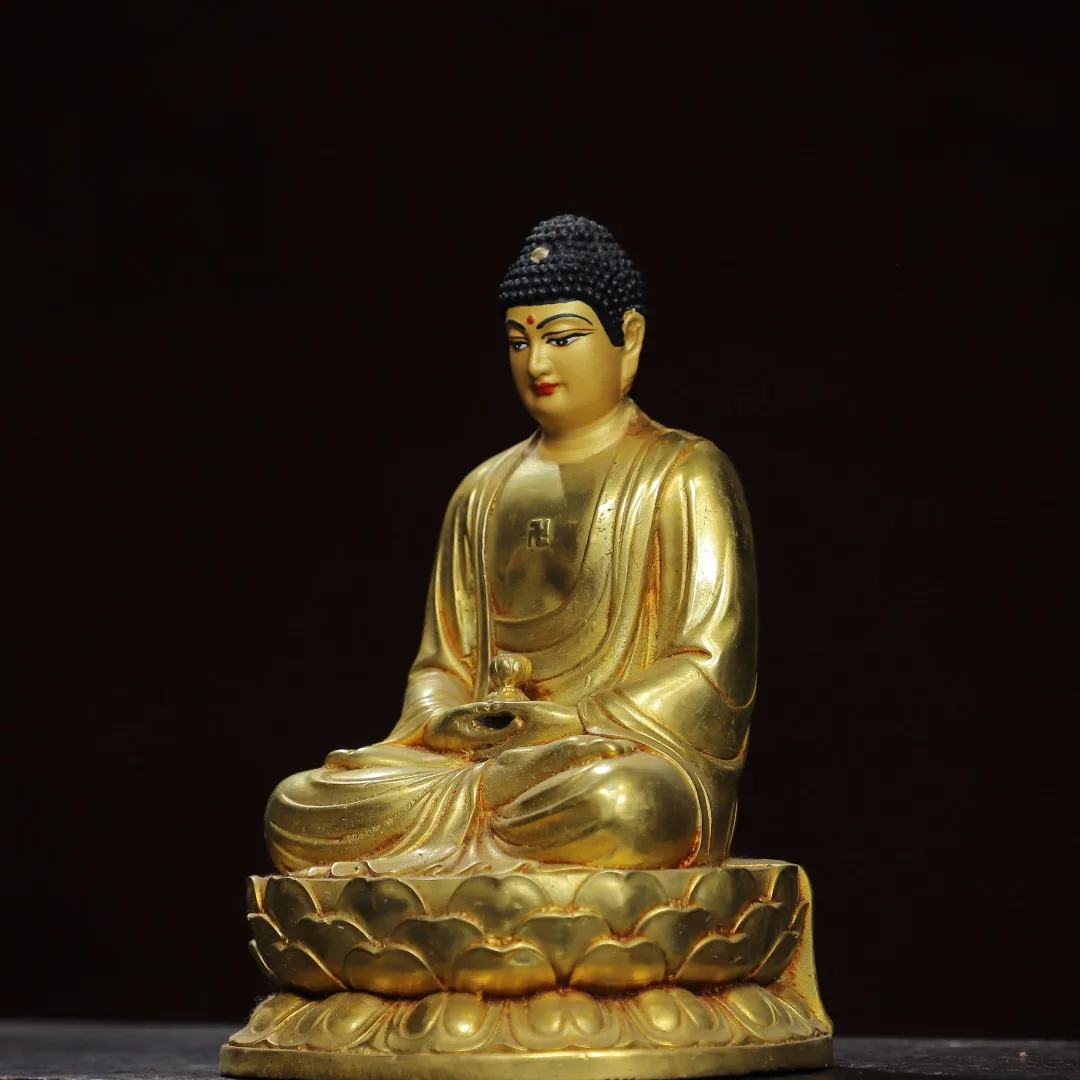 7"Tibetan Temple Collection Old Bronze Gilded Cinnabars Mosaic Gem Shakyamuni Buddha AmitabhaLotus Terrace Worship Hall