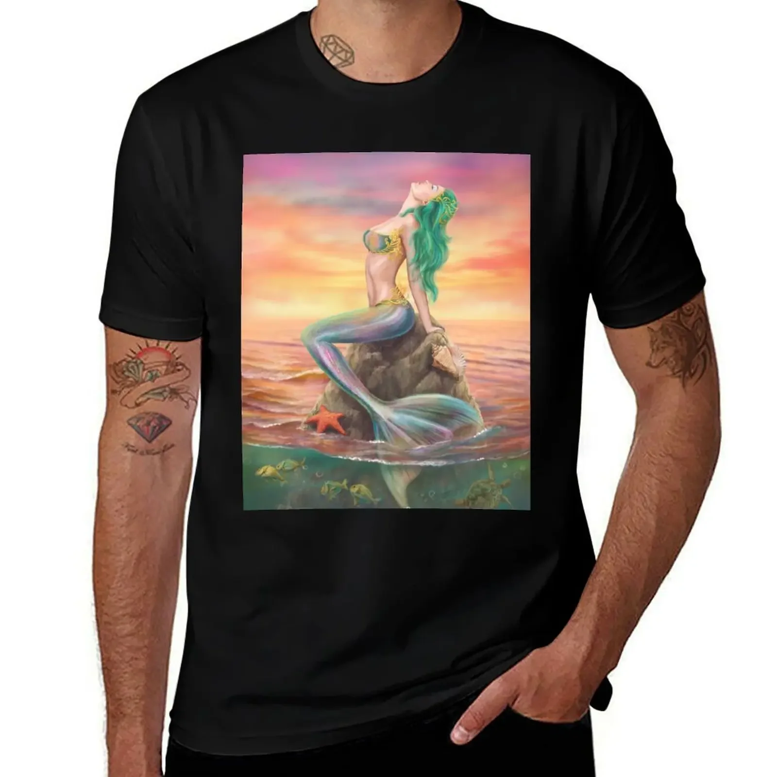 Beautiful mermaid at sunset T-Shirt oversized graphic tee graphics cute clothes oversized t shirt black t shirts for men