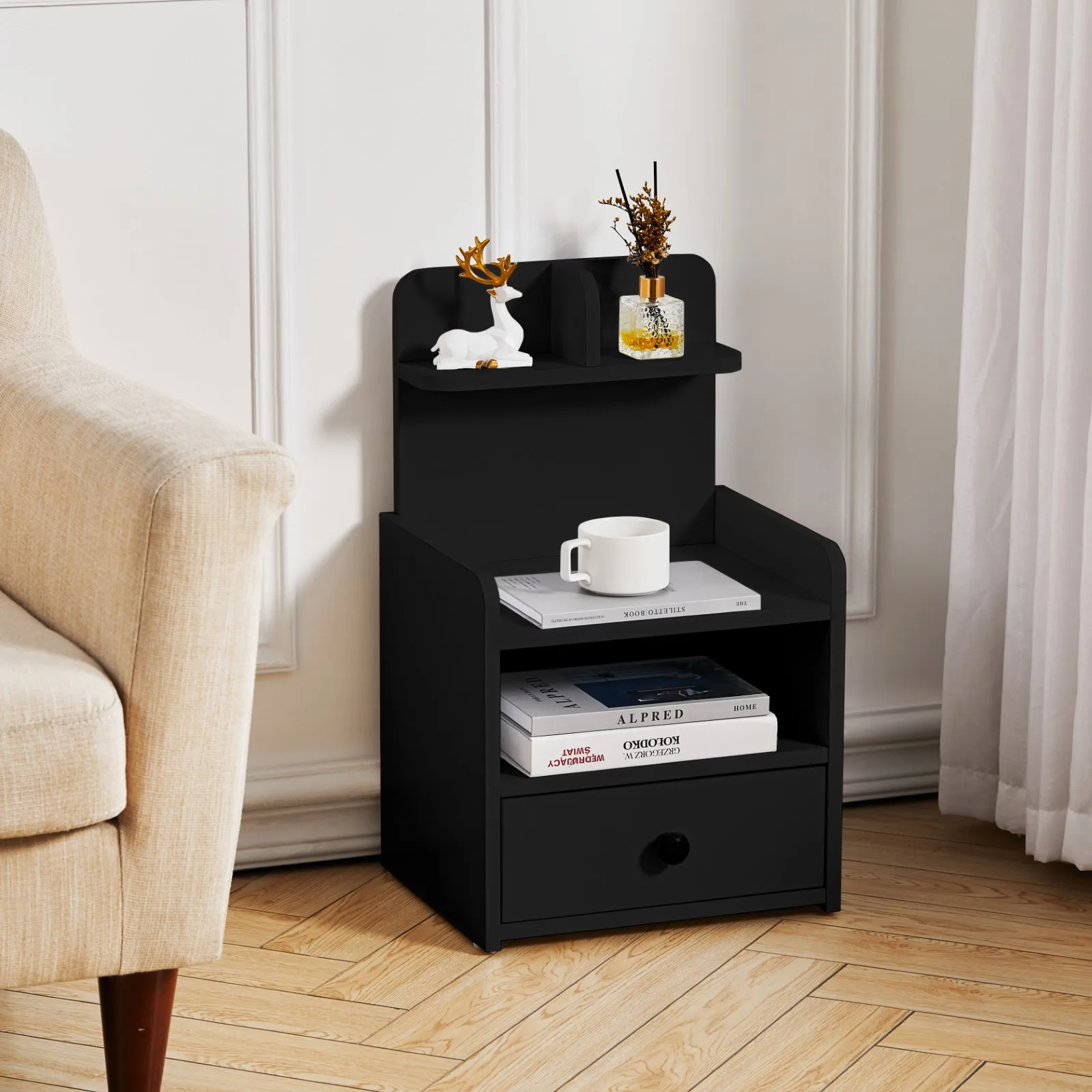 Modern wooden single drawer bedside table with shelf home drawer cabinet shelf semi open