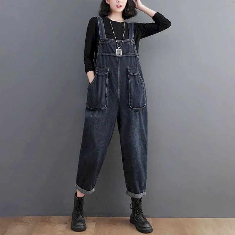

Denim Jumpsuits for Women Korean Style Rompers Solid Casual Vintage Playsuits Straight Pants One Piece Outfit Women Clothes