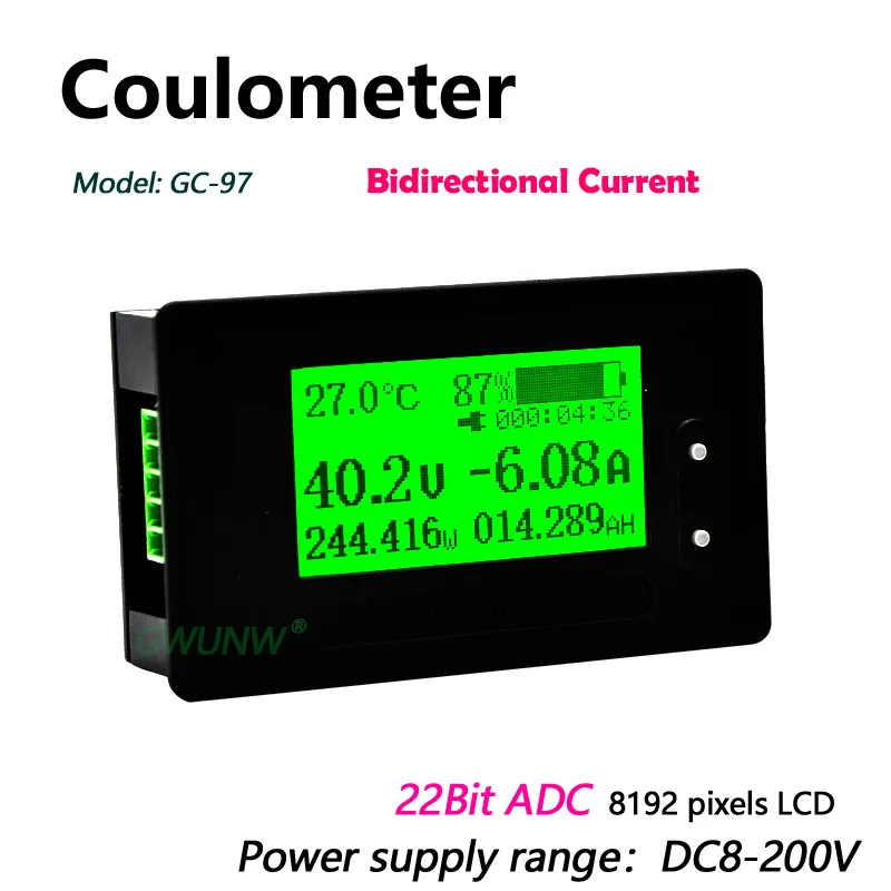 GWUNW GC97 200V Coulomb Meter Battery Capacity Indicator Coulometer Power Level Display Professional Lithium Battery Tester