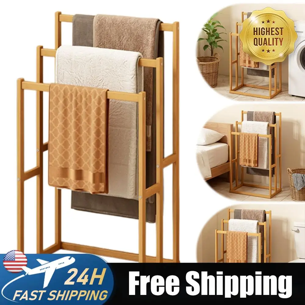 

Floor Towel Rack with 3 Hanging Crossbar 3 Tier Standing Towel Rack Wooden Vertical Towel Shelf for Living Room Bathroom Storage