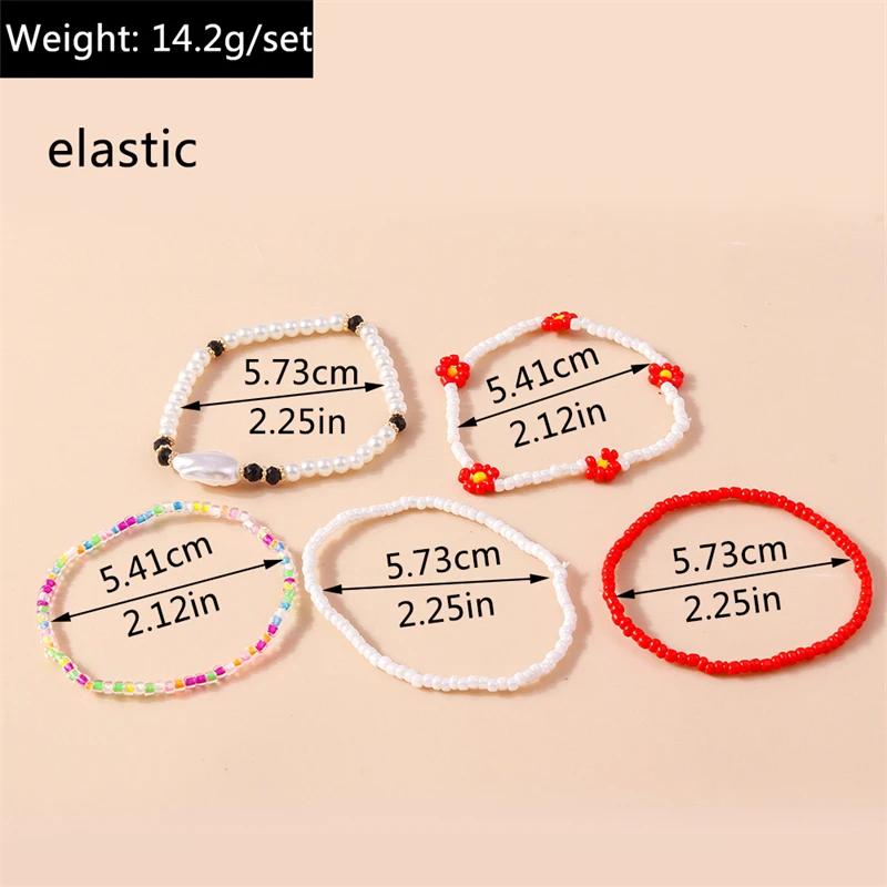 أساور بوهيمية مصنوعة يدويًا من الخرز للنساء ، أساور مطرزة بالخرز على شكل زهرة مرنة ، حفلة فتيات ، هدايا مجوهرات ، 5 ألوان في المجموعة