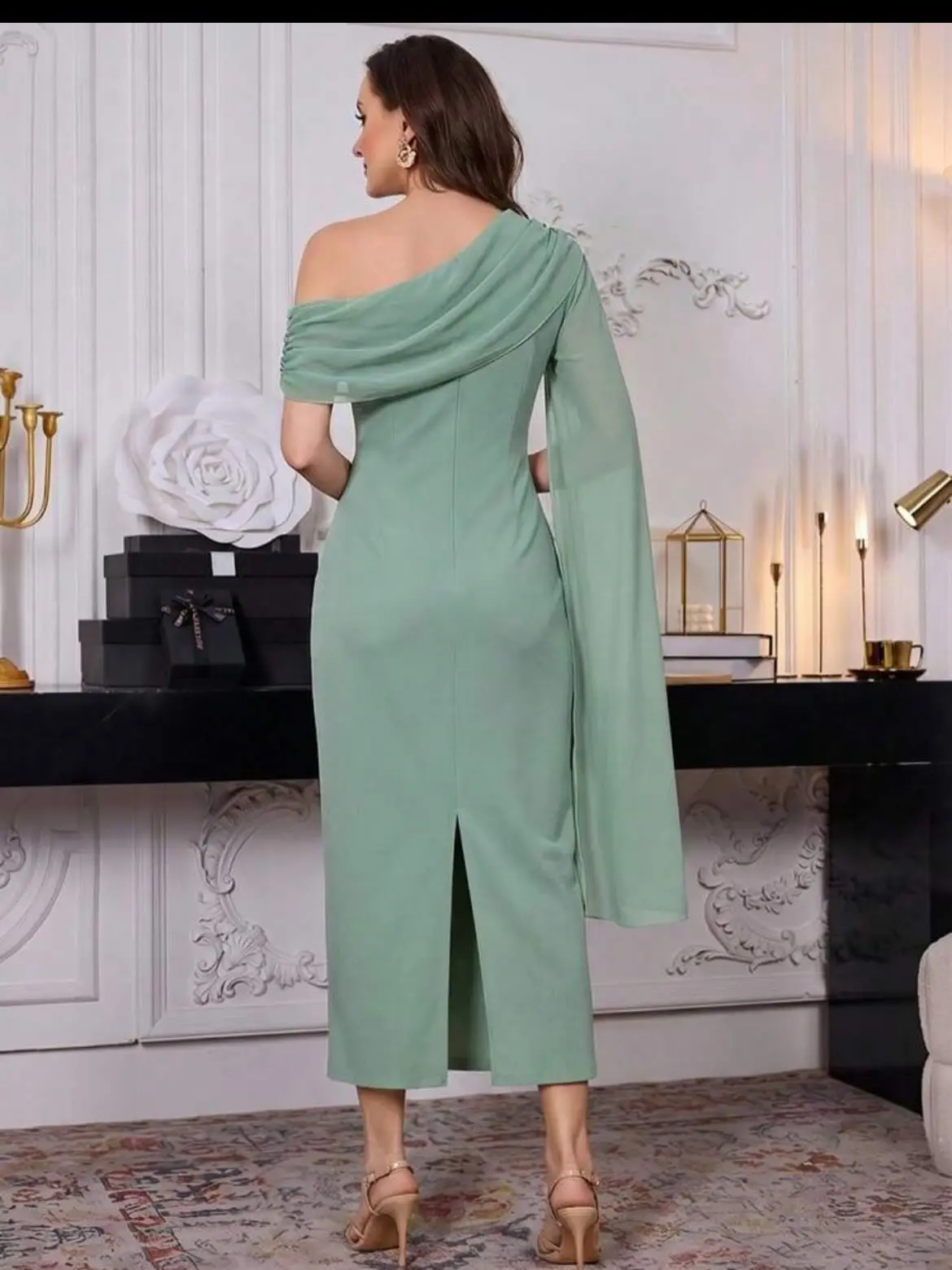 Mina Customized Green Jacquard Sequin Slanted Shawl With Split Ends Prom Dresses 2026 Luxury Party Dress Women's Evening Dress