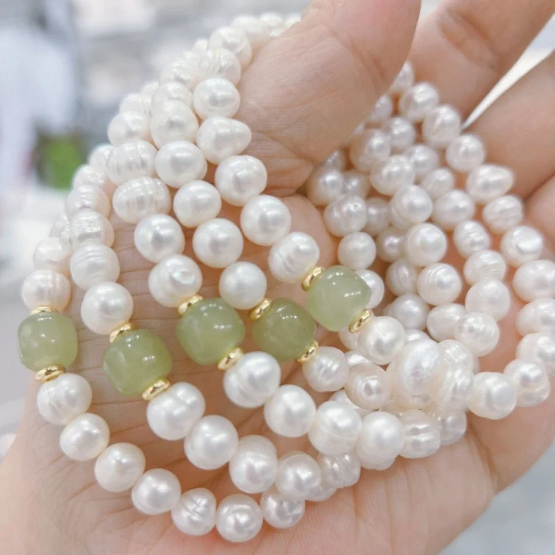 

Hetian Jade Color Agate Bracelet Freshwater Pearl Elegant Ethnic Style Bracelet Women's National Style Jewelry Hand Accessories