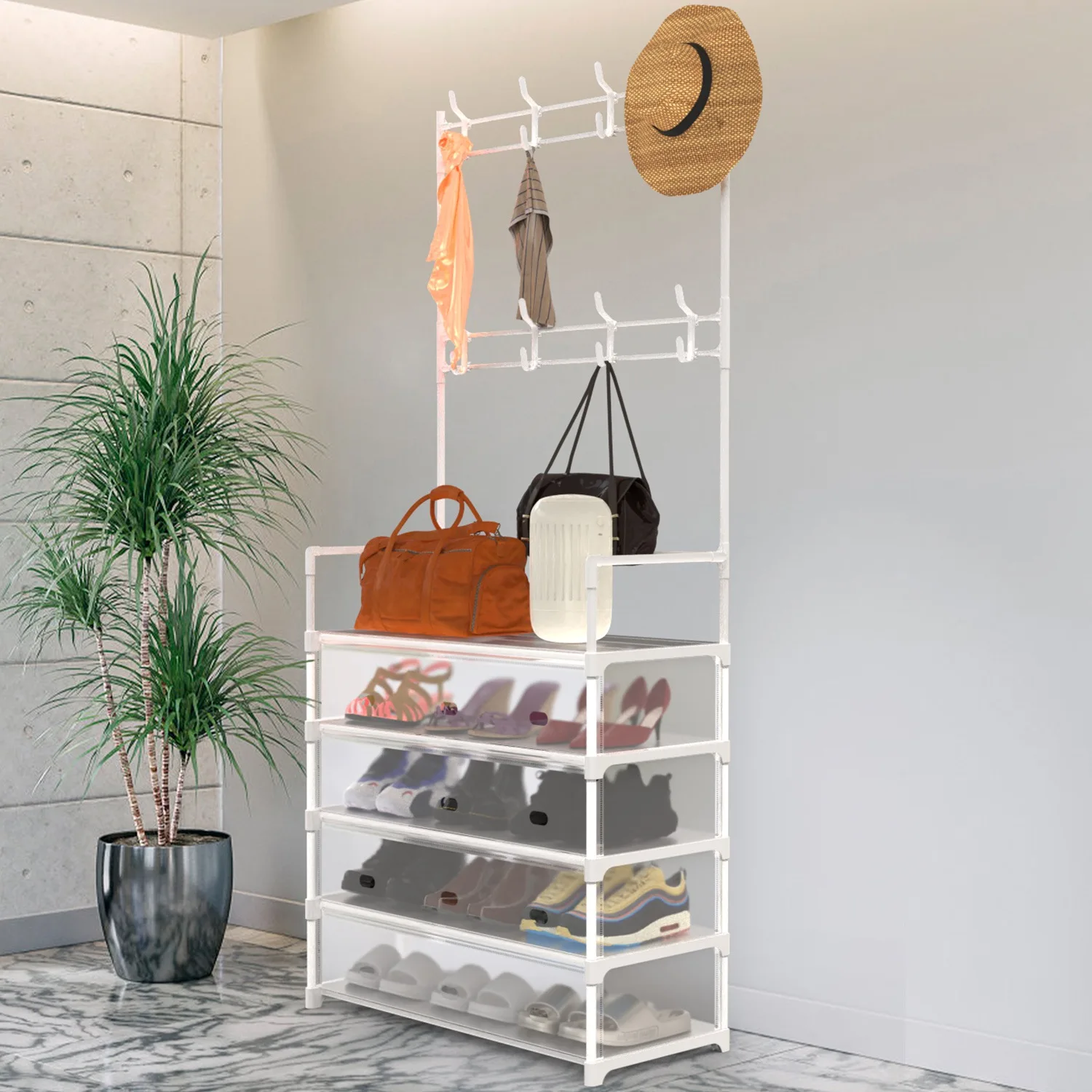 5-Tier Dustproof Entryway Hall Tree Coat Rack Shoe Rack With 8 Removable Hooks Freestanding Shoe Storage Shelf Hat Clothes