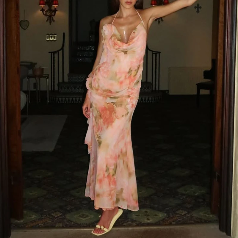 Süße lässige Straps-Yacht-Kleider, weibliche Kleidung, rückenfrei, formelles Abendkleid, Sommer, Rüschendruck, tief ausgeschnitten, sexy Urlaubskleid