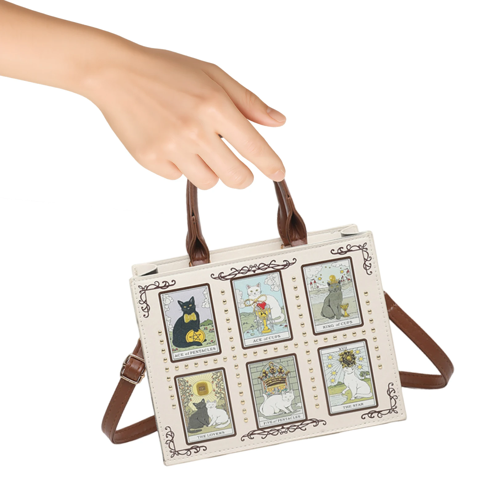 Top-handle Handbag for Women with Adjustable Strap Retro Briefcase PU Leather Cat Rivet Decoration Bag for Commute Dating