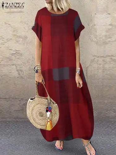 Imagen 2 del producto ZANZEA-Vestido veraniego a cuadros bohemio para mujer, Vestido largo de manga corta, Vestido de fiesta de vacaciones a la moda, Vestido informal holgado para mujer 2025