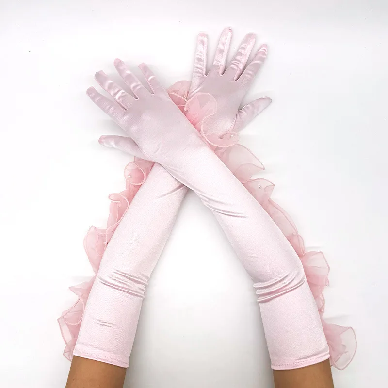 

Новые женские перчатки 55 см, розовые кружевные длинные перчатки, европейские и американские модные перчатки для свадебной танцевальной вечеринки C106