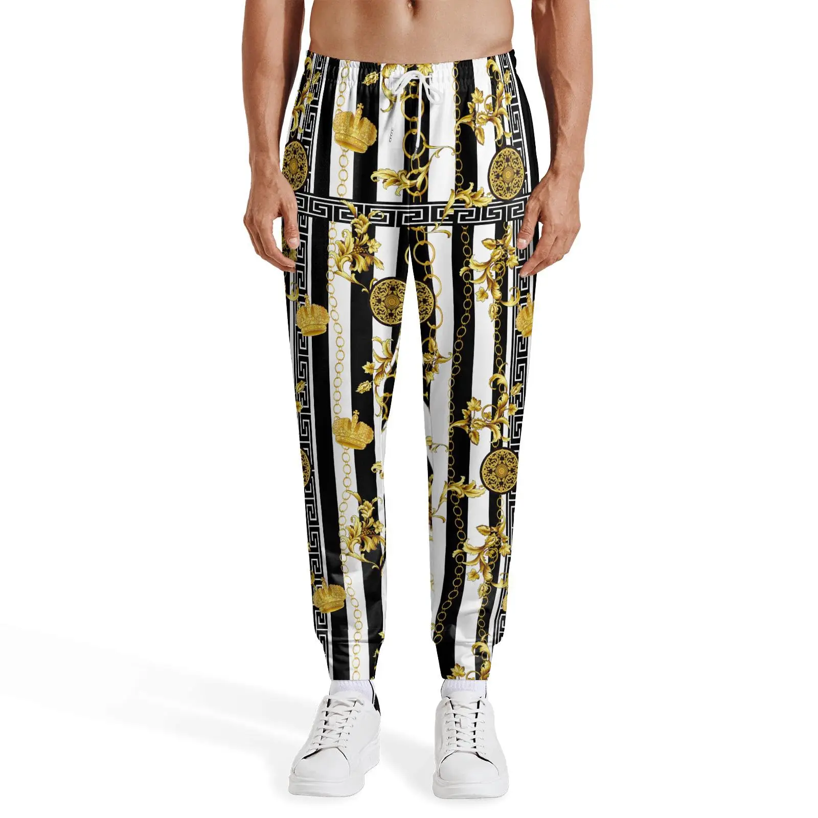 Men's and Women's Black  White Striped Gold Crown Greek-style Athletic Sweatpants, 3D Luxury Baroque Scroll Hip-hop Style Pants.