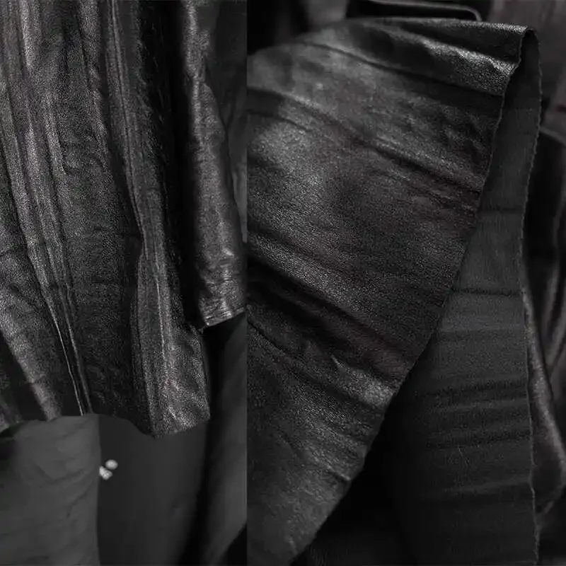 قماش جلدي عمودي أسود سميك متجعد لمعطف التنورة ملابس عصرية مصممة إبداعية خياطة يدوية لكل متر من القماش #5