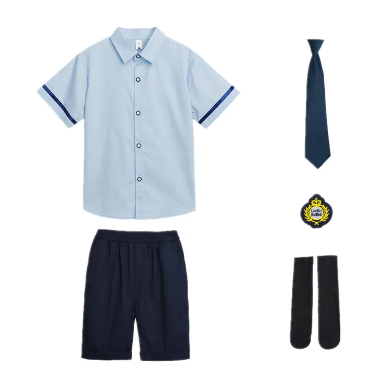 Boys Blue Short Sleeved Shirt Pants Tie Badge Socks 5pcs Clothing Set Children's Summer School Uniform Kids Birthday Dress