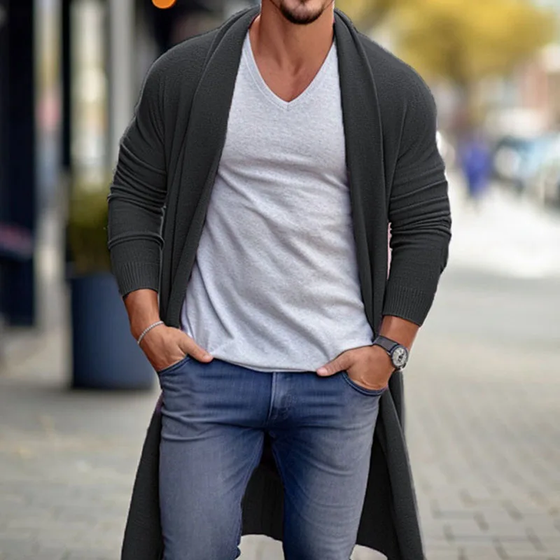 

New Autumn Mens Knitted Cardigan Fashion Long Sweaters Male Casual Solid Long Sleeve Outwear Loose Knitting Jacket Men MY1089