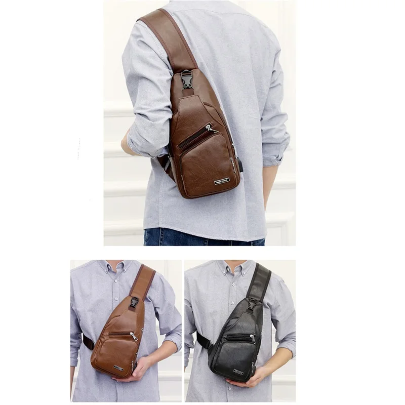 Men Chest Bag Diagonal Span Design High-capacity PU Leather One Shoulder Bags Outdoor Travel Male USB Charge Chest Crossbody Bag