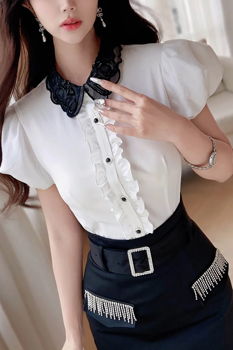 

Summer Solid Shirt Women's Top Embroidered Flares Lace Turtleneck Puff Sleeve Vintage Blouses Y2K 2025 DABUWAWA DA1BST004