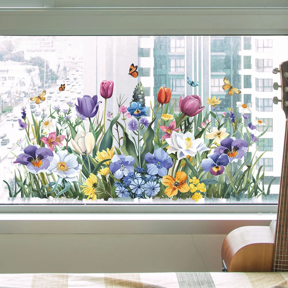 Fashion new flower clusters painted tulips butterfly leaves Glass doors and Windows home decoration window stickers