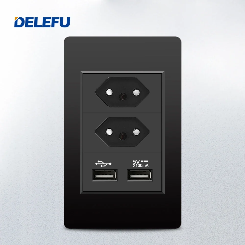 DELEFU Fireproof PC panel wall socket switch, Fast charging, USB, Brazilian standard socket, white, grey, black, Gold 10A, 20A,