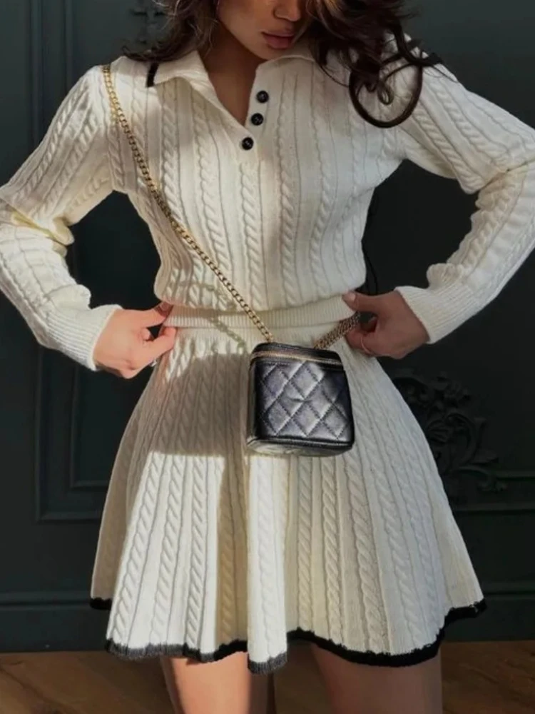 Autumn Winter Solid Fashion 2 Piece-Set Women Color Contrast Long Sleeve Lapel Pullover and High Waist Mini Skirt Casual Outfits