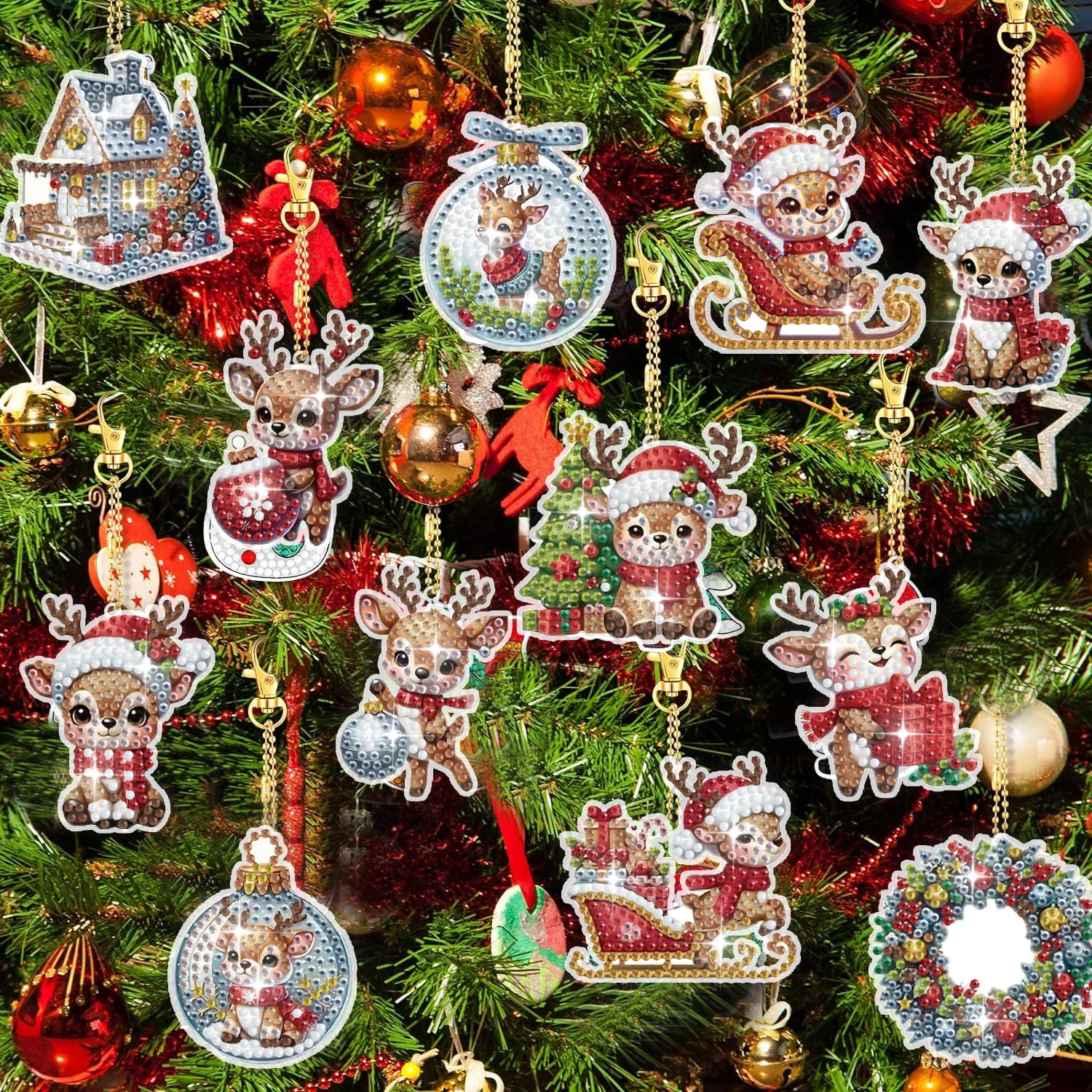 12 pieces DIY diamond painting acrylic material, Christmas deer pattern diamond painting key chain kit
