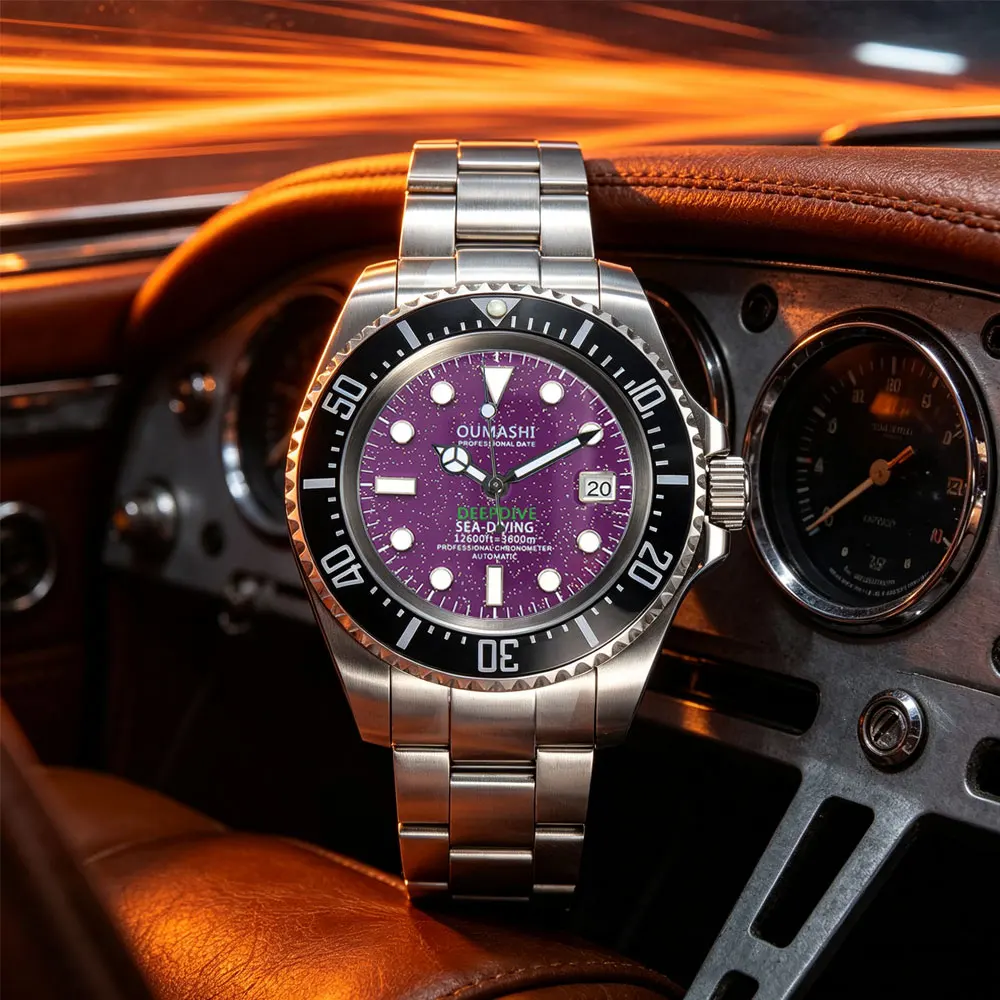 High-End 44mm Men's Mechanical Watch NH35 Automatic Movement Purple Starry Dial Sapphire Glass Stainless Steel Waterproof Watch